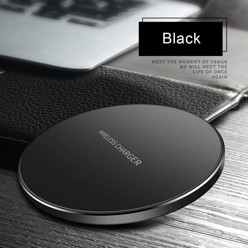 Ultra-thin black QI wireless fast charger with dimensions 98x98x6.5mm showing charging surface and USB port
