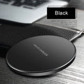 Ultra-thin black QI wireless fast charger with dimensions 98x98x6.5mm showing charging surface and USB port