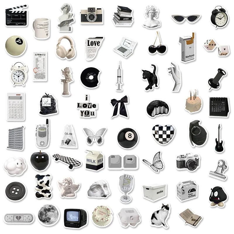 Black and white waterproof vinyl stickers pack with 61 pieces for laptop cup phone decoration