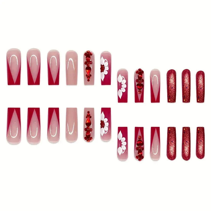 Sweet Flowers Temperament removable fake nails with red diamond accents and floral pattern