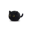 Black fluffy cat plush toy stuffed animal on a sofa, used as a soft cushion.