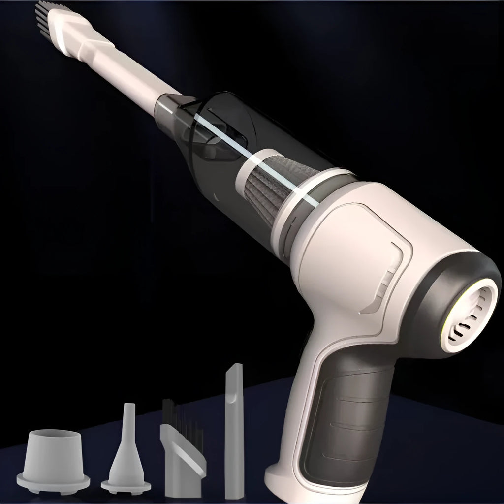 Brushless gold style three-in-one cordless car vacuum cleaner with wireless charging dock.