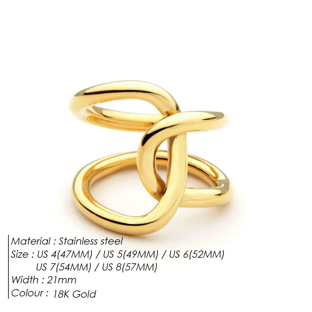 Geometric knotted U-shaped adjustable ring in stainless steel, shown in gold tone and steel colour.
