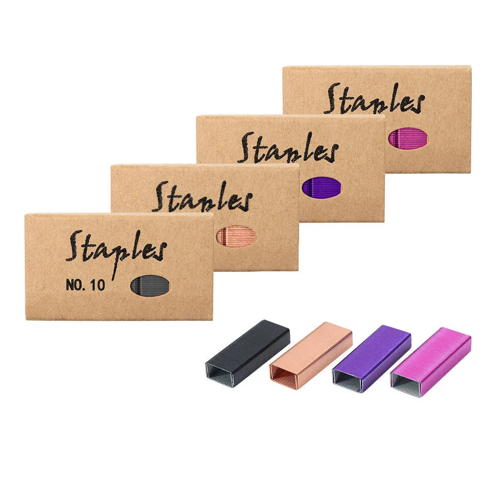 Box of 1000 metal office staples in rose gold, black, purple, and rose red colours