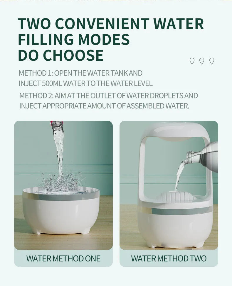 White anti-gravity humidifier with upward-flowing water droplets on a desk
