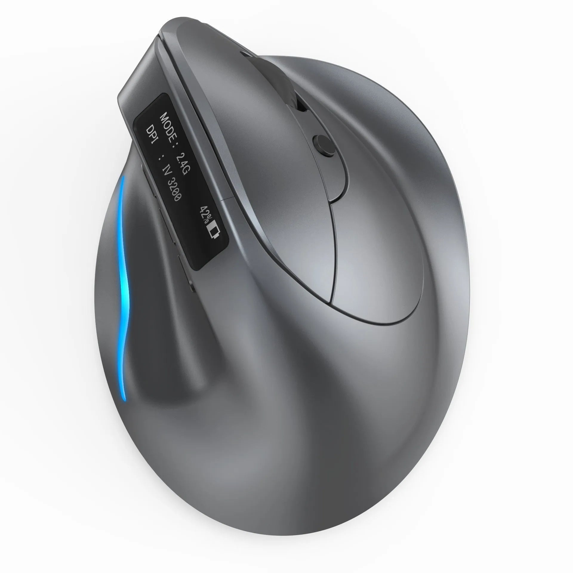 Grey vertical ergonomic mouse with wireless charging and Bluetooth connectivity for laptops
