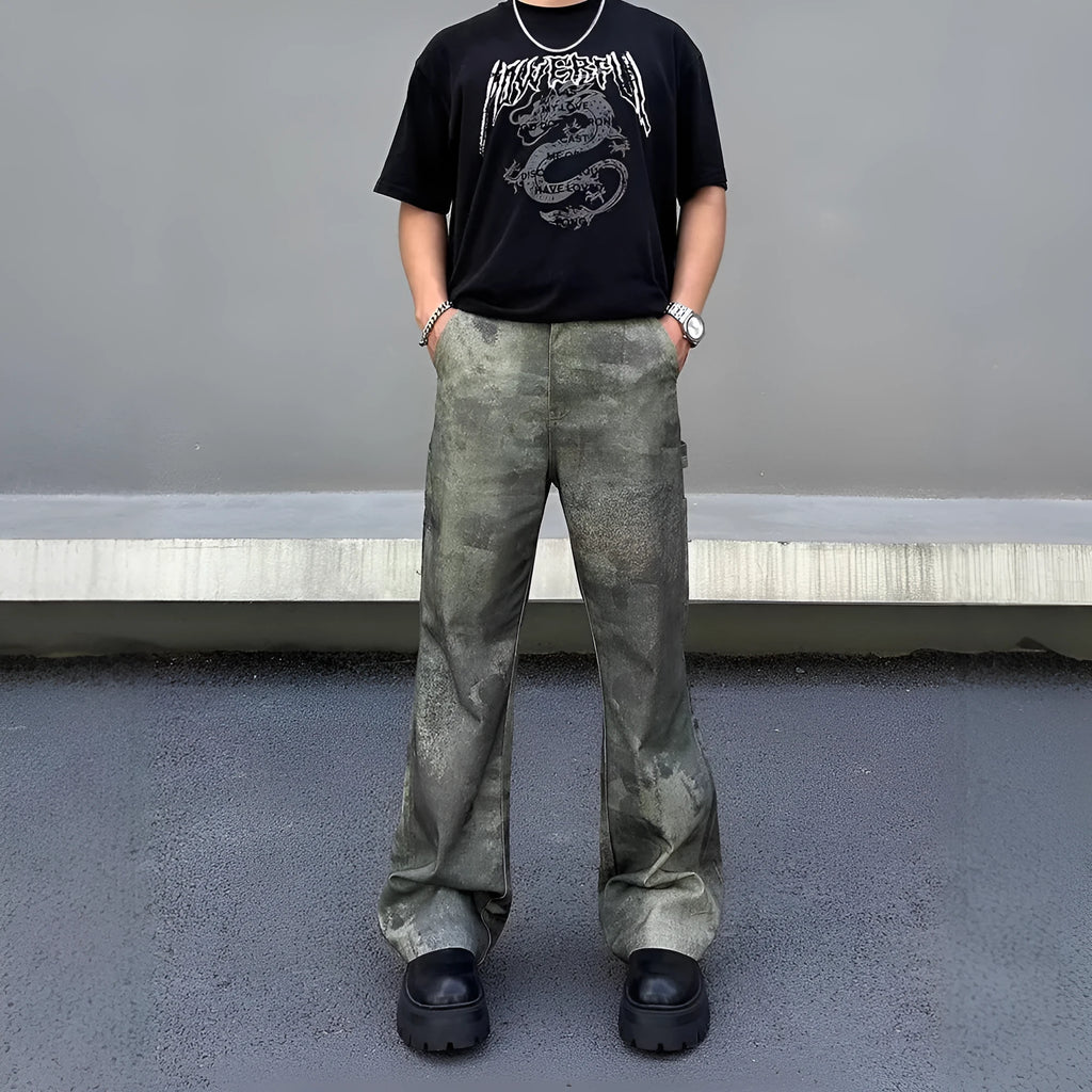Men's straight leg denim jeans with retro camouflage pattern in picture colour