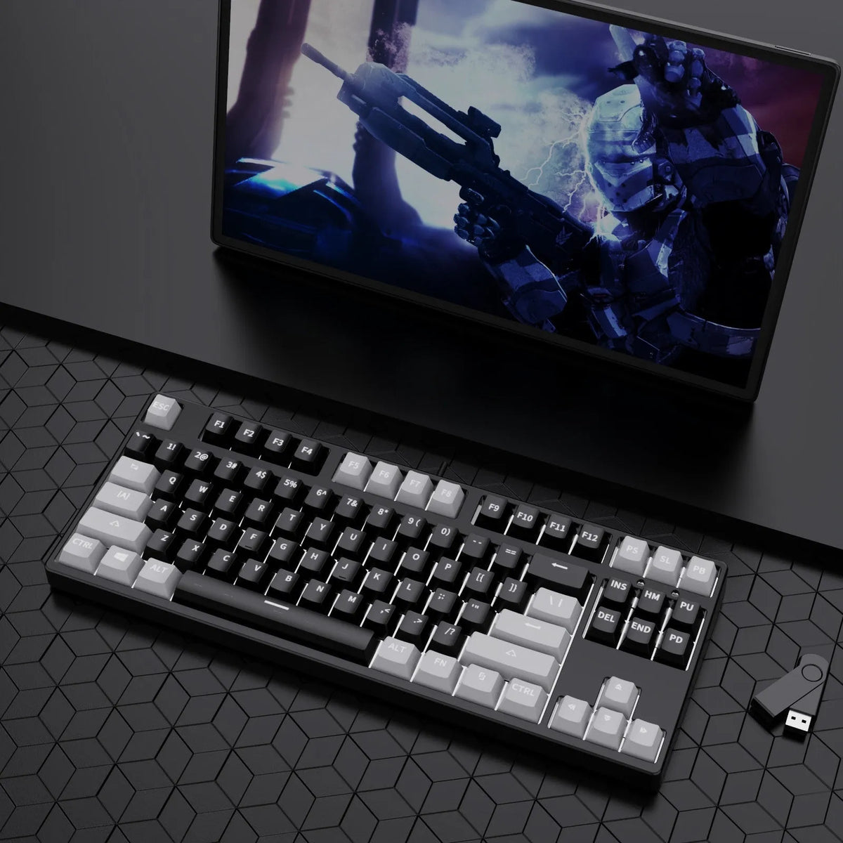 87 key wired mechanical keyboard with hot-swappable switches showing dual-colour keycap theme on metal body