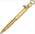 Brass hexagonal bolt tactical pen with machine gun design in natural brass or vintage black finish.