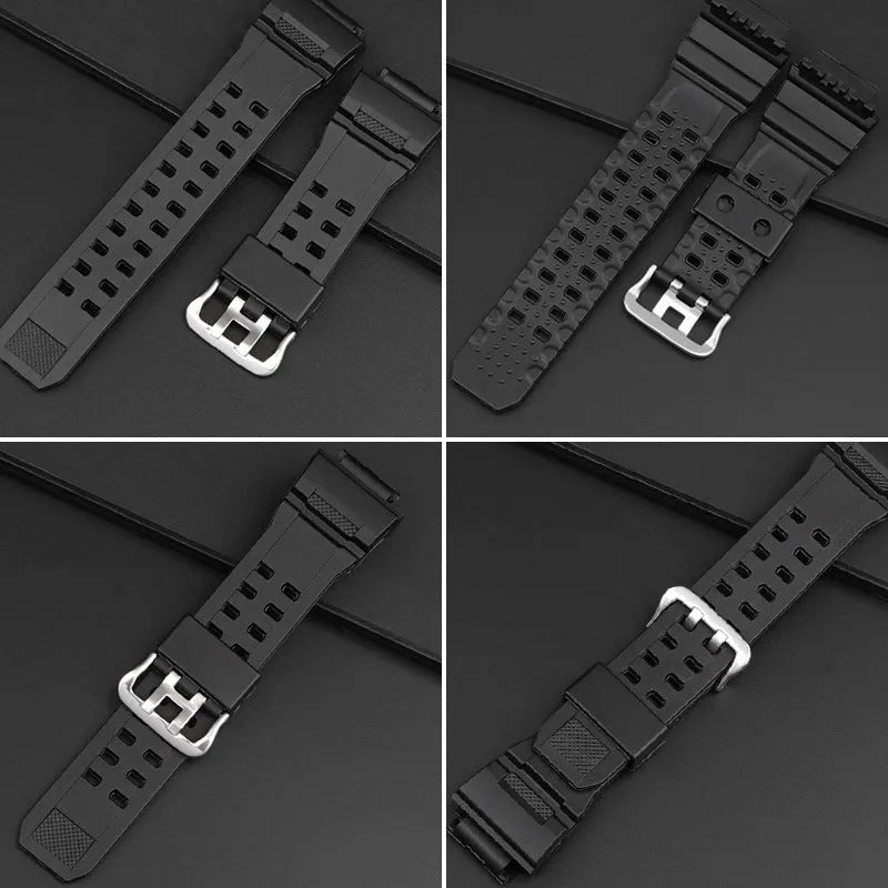 Camouflage pattern TPU rubber watch strap with a silver buckle.