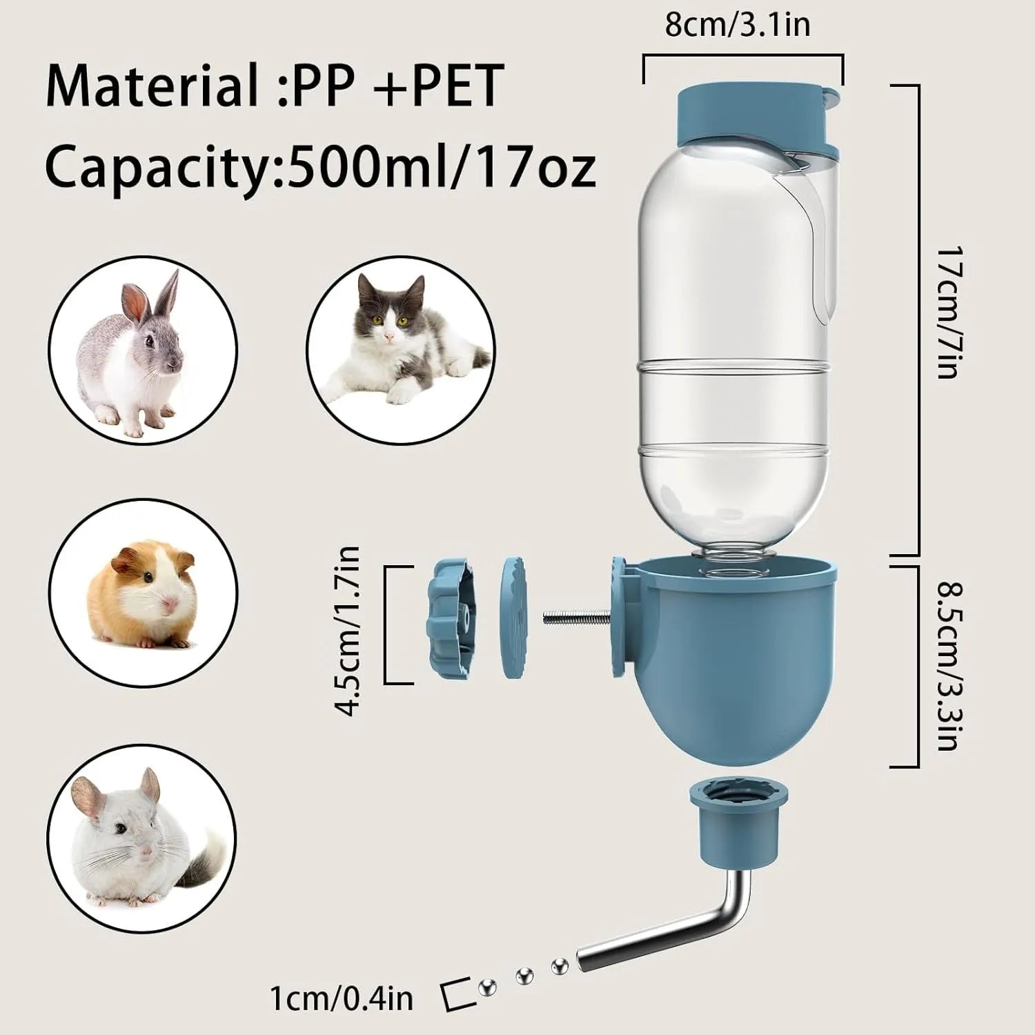 Blue small animal cage water bottle with rotatable nozzle and mounting bracket