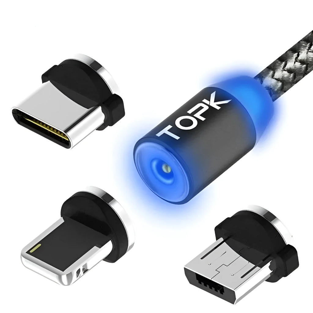 Magnetic charging cable with aluminium alloy housing and three magnetic plug heads for Android Apple and Type-C devices