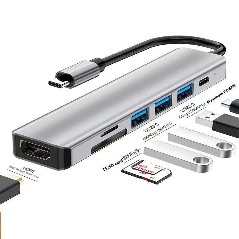 USB-C 7-in-1 expansion dock with HDMI port and multiple USB connections on a 15cm cable