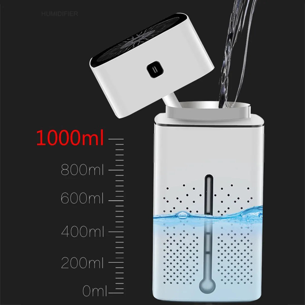 Black or white desktop humidifier measuring 103mm by 103mm by 218mm with USB cable