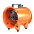 Silver portable industrial axial flow fan with attached flexible duct on a workshop floor.