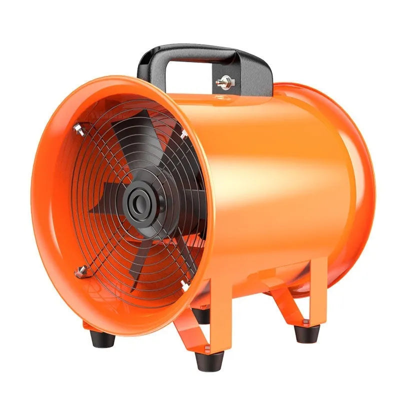 Silver portable industrial axial flow fan with attached flexible duct on a workshop floor.