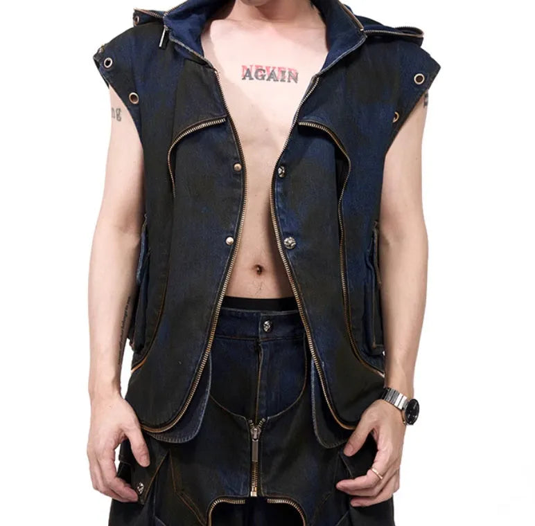 Blue Korean style hooded denim vest coat with matching trousers, front zipper closure