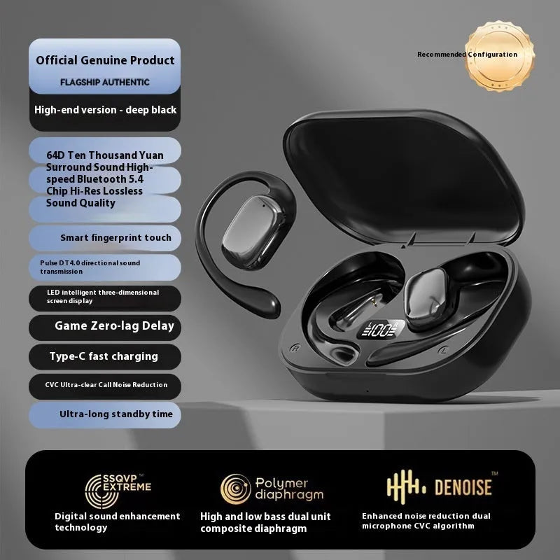 Ear-mounted wireless headphones in black colour with a small digital display screen on the side