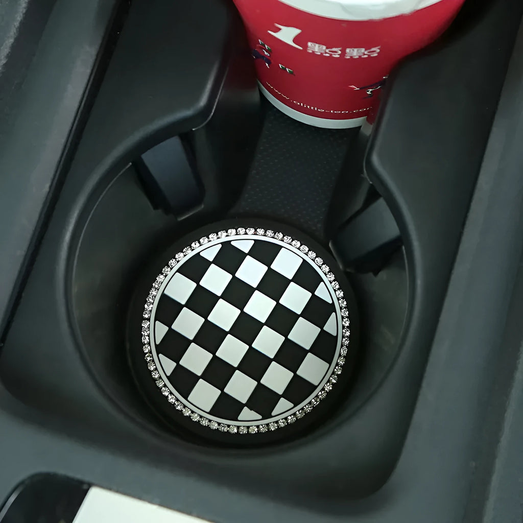 PVC car cup holder mat with decorative coaster design inserted in vehicle drink slot