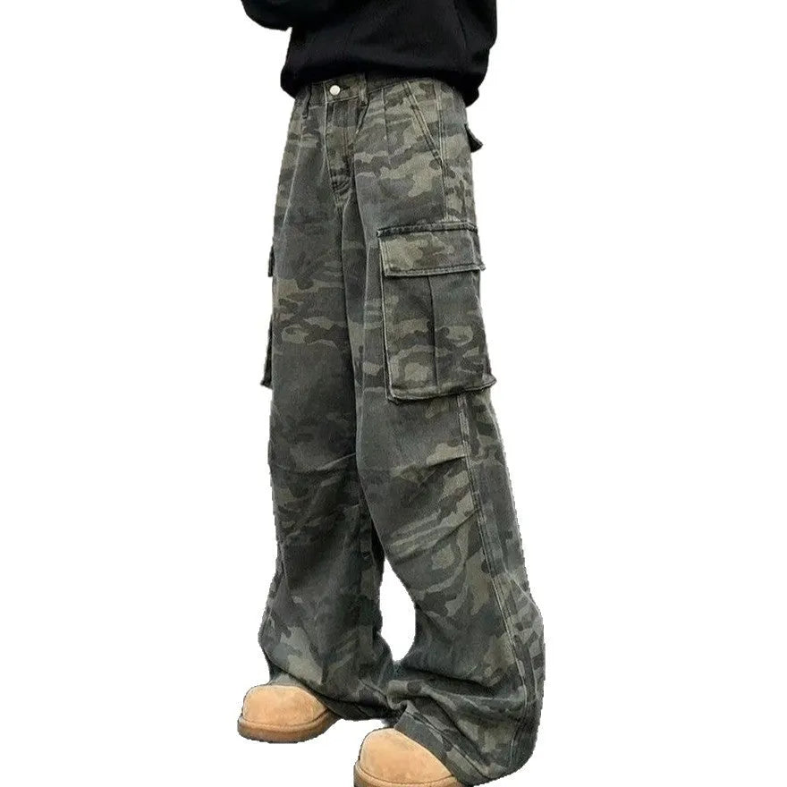 Cotton blend cargo pants with washed camouflage print and multiple pockets