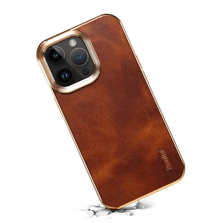 Handmade leather phone case with German technology showing slim design and precise button openings