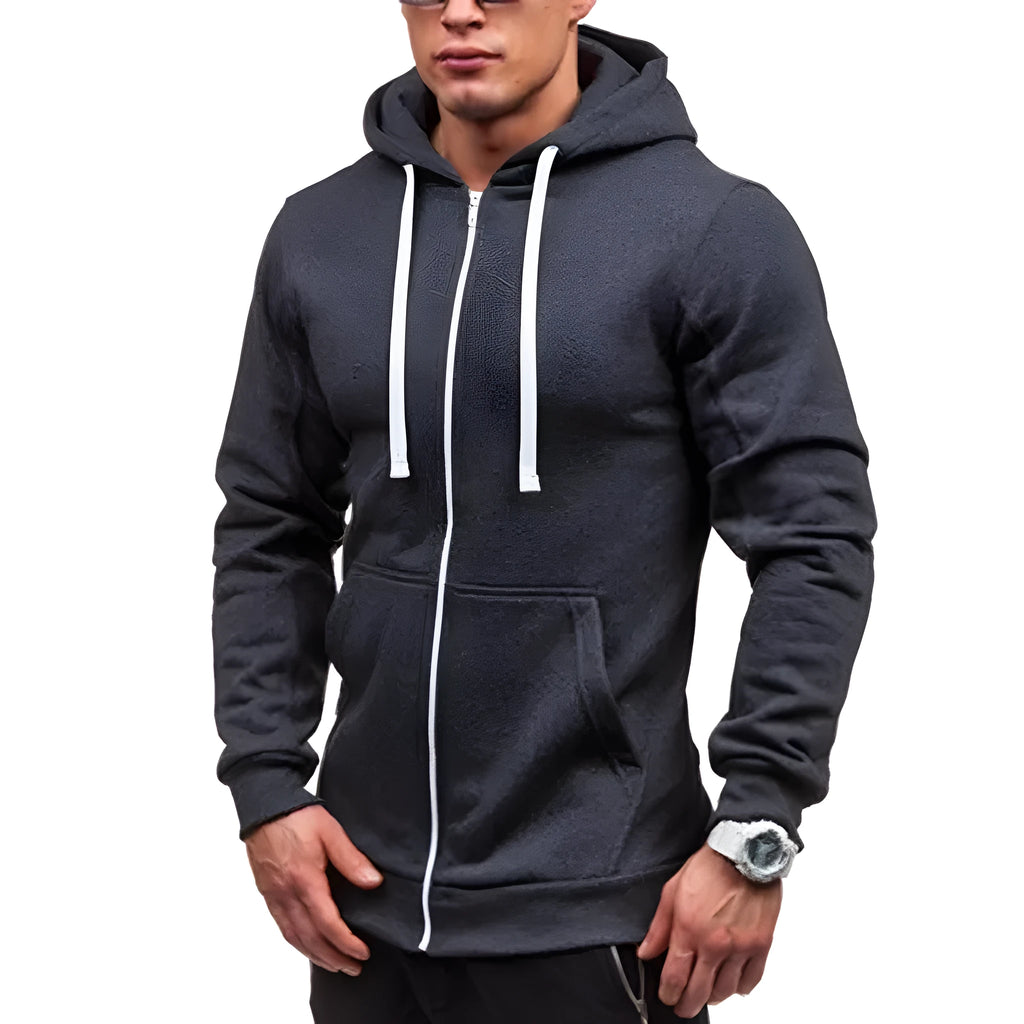 Men's black hooded zip-up cardigan hoodie, loose fit, long sleeve, plain polyester blend, casual four-season style