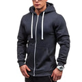 Men's black hooded zip-up cardigan hoodie, loose fit, long sleeve, plain polyester blend, casual four-season style