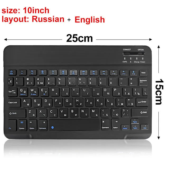 Mini Bluetooth wireless keyboard in black or white with 10-inch size option showing compact design