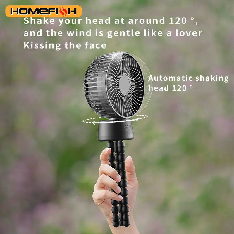 HOMEFISH F2 automatic shake head portable fan with removable bracket, LED light, and USB charging port
