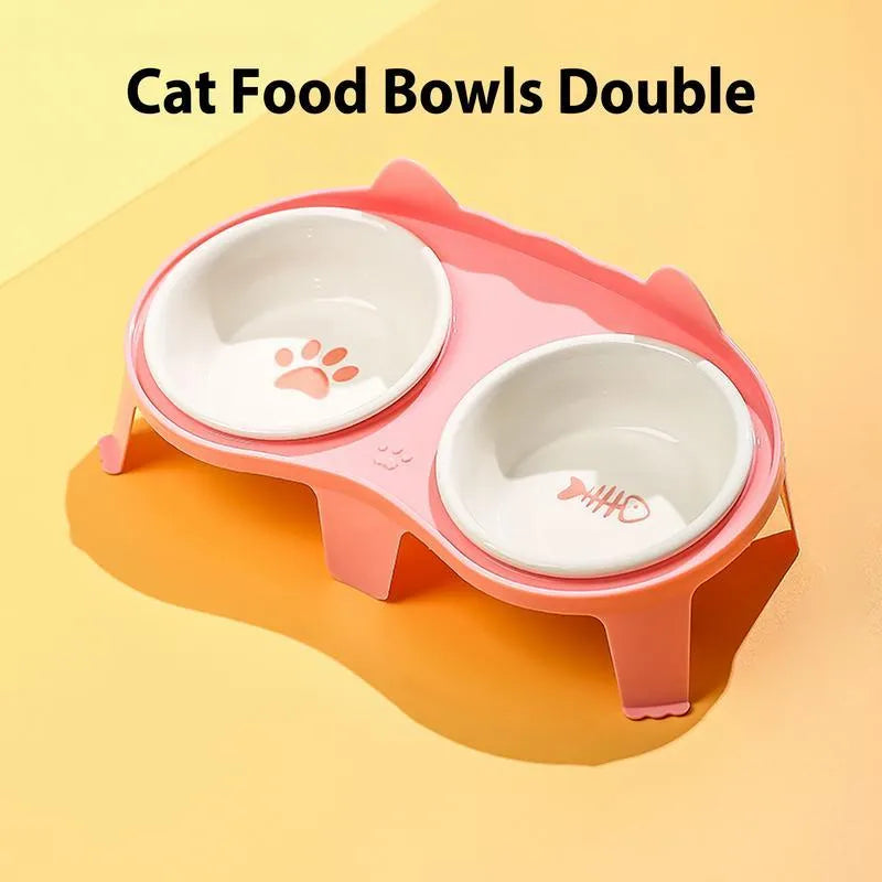 Blue ceramic cat food and water bowl set on a white elevated stand with storage hook