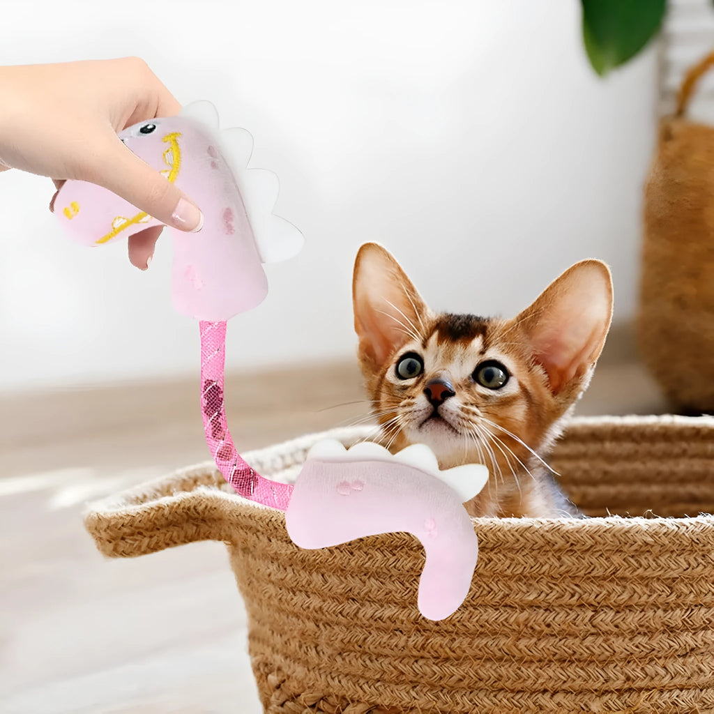 Set of four cat toys including rope, spring, and plush types in various colours