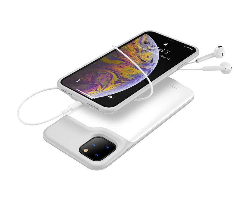 Shockproof silicone iPhone battery charger case in black, blue, pink, or white with integrated high-capacity battery.