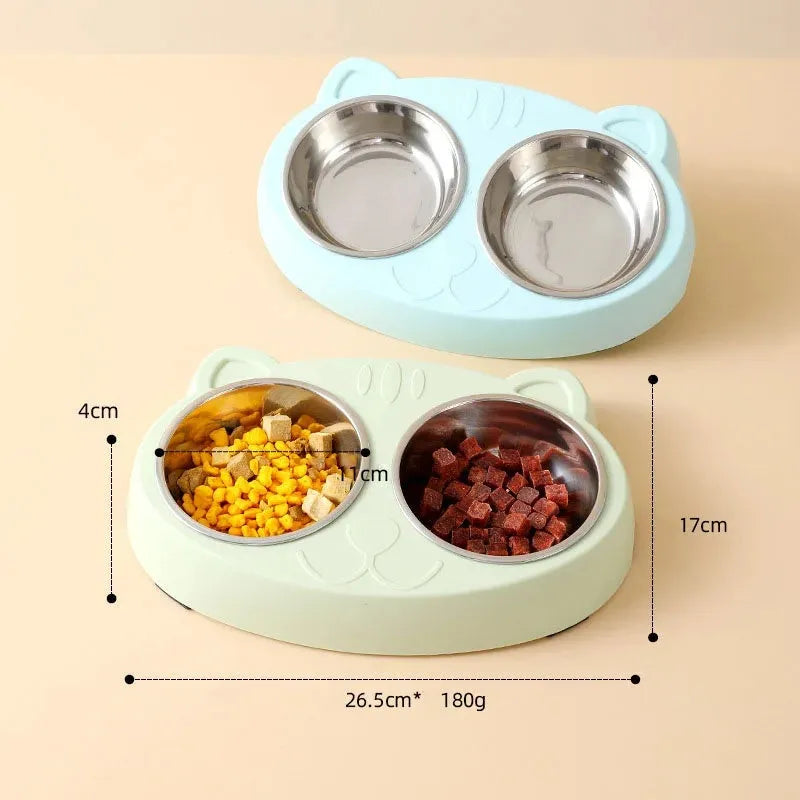 Plastic double bowl pet feeder with non-slip base in blue colour