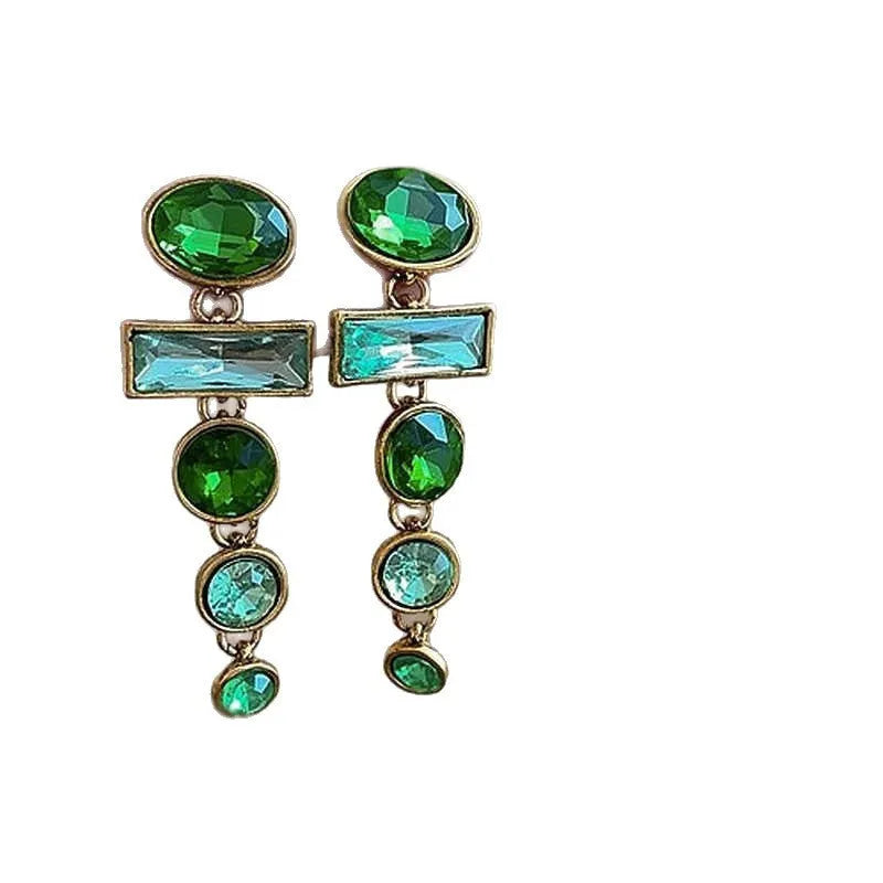 Retro green geometric earrings with dangling tassels and zircon detailing on alloy studs