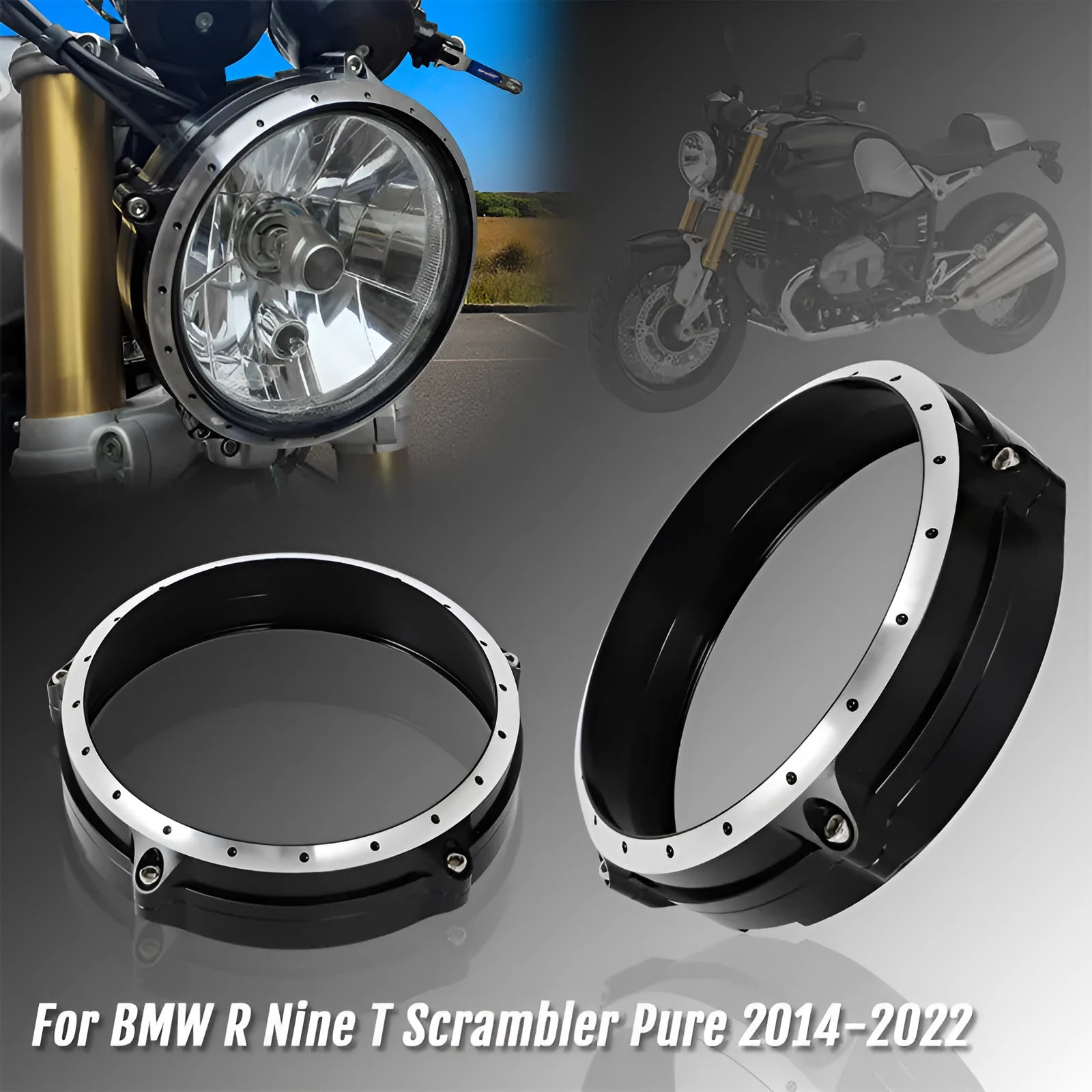 Black CNC aluminium headlight protective frame for BMW R NineT Scrambler motorcycle