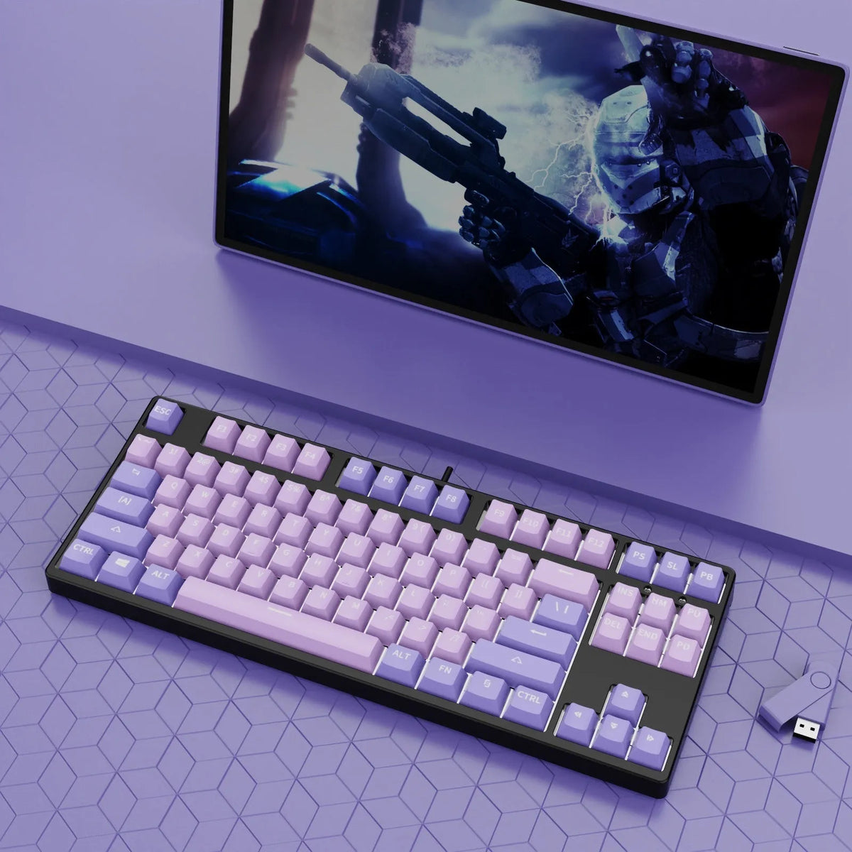 87 key wired mechanical keyboard with hot-swappable switches showing dual-colour keycap theme on metal body