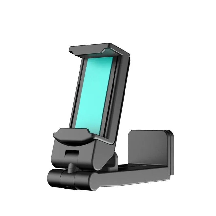 Black foldable rotating phone stand holding a mobile phone in landscape orientation on a desk.