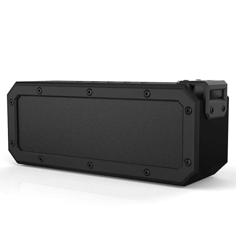 Black waterproof Bluetooth speaker with climbing rope attached showing dimensions 207x63x80mm