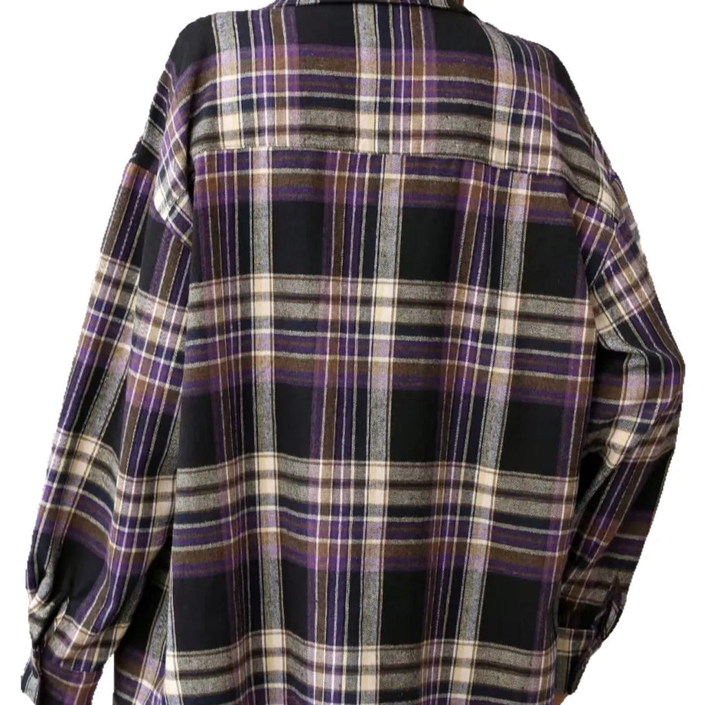 Women's loose-fitting retro plaid shirt in black, green, or purple cotton fabric.