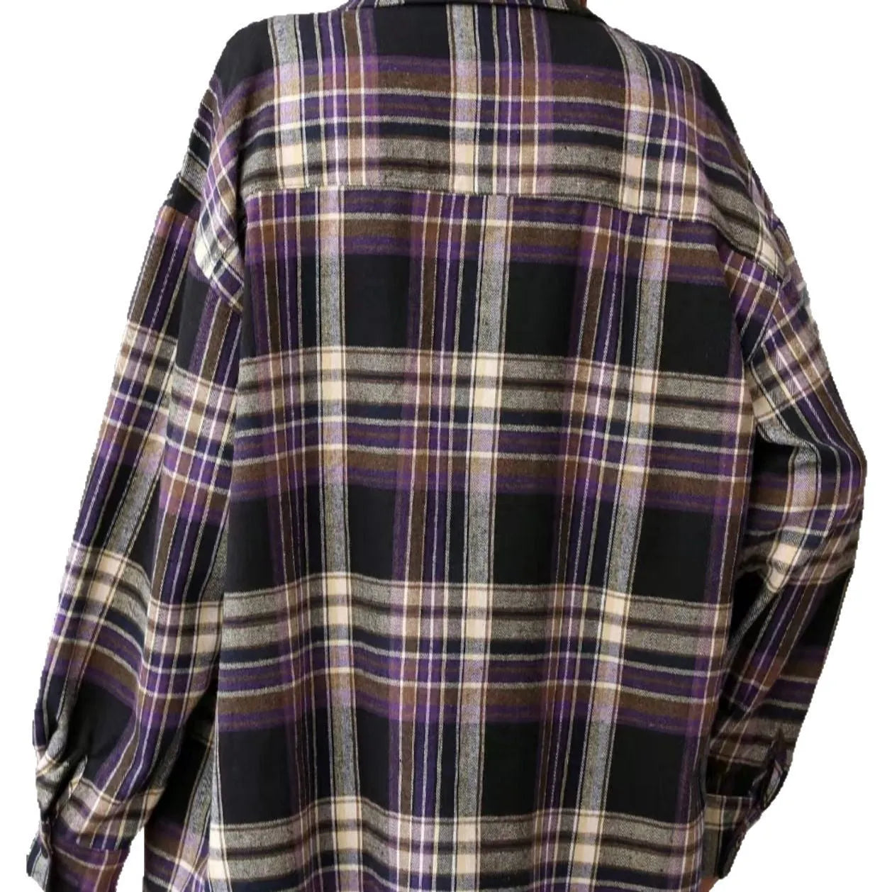 Women's loose-fitting retro plaid shirt in black, green, or purple cotton fabric.