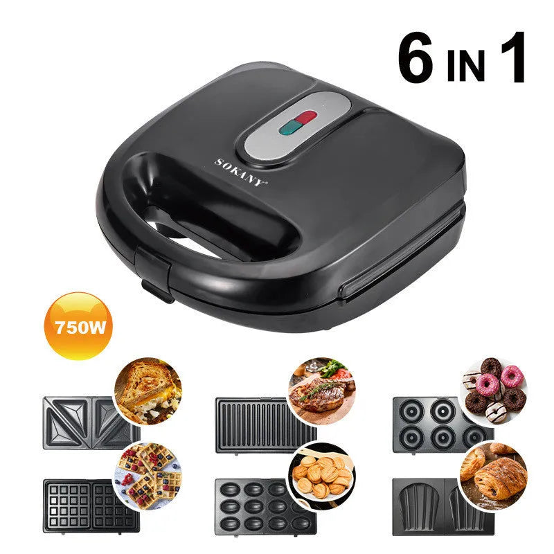 Black electric sandwich pan with stainless steel lid on a kitchen countertop.