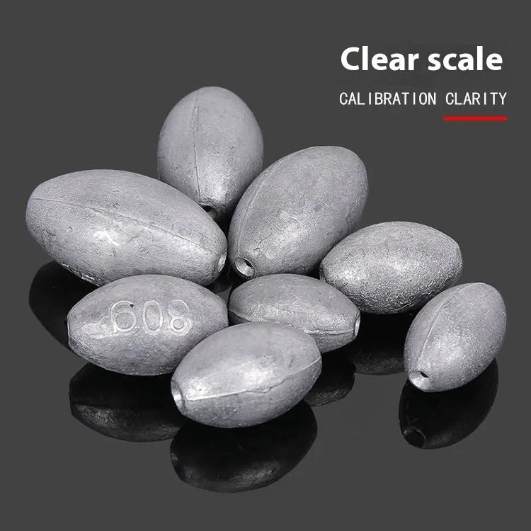 Rugby-shaped olive lead fishing sinker with plastic core in multiple weight sizes