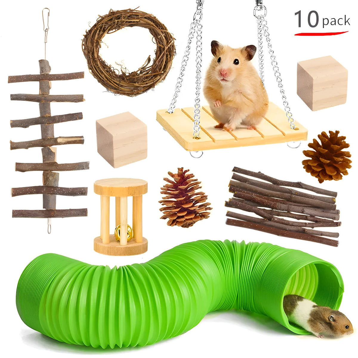 Assorted natural wooden and woven plant chew toys for rabbits, guinea pigs, and parrots on a straw mat.