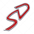Metal decorative car sticker showing SD and D patterns in red silver and red black colour options