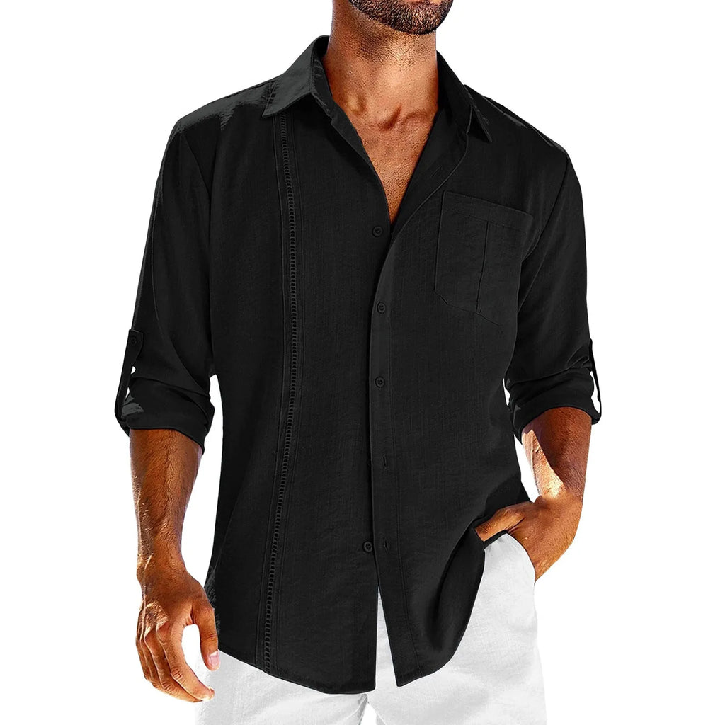 Men's gray cotton blend long sleeve shirt with polo collar and chest pocket.
