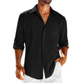 Men's gray cotton blend long sleeve shirt with polo collar and chest pocket.