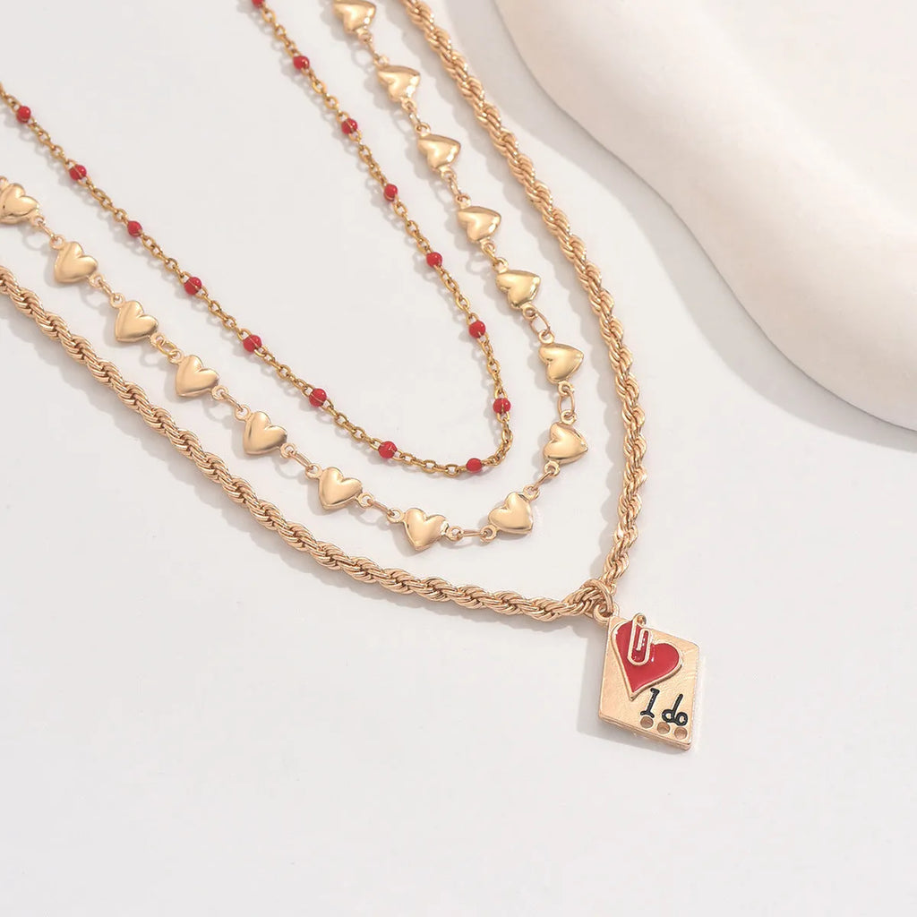 Adjustable clavicle chain necklace with three-layer geometric heart pendant