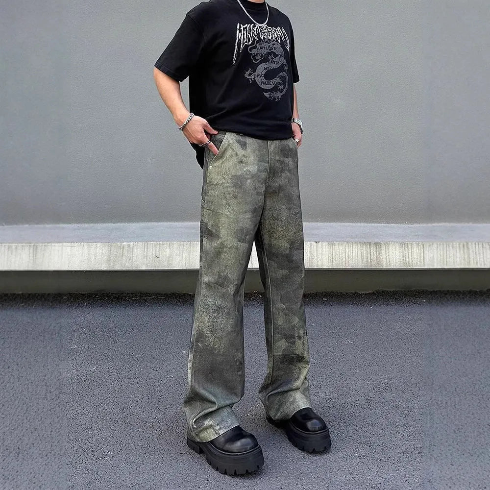 Men's straight leg denim jeans with retro camouflage pattern in picture colour