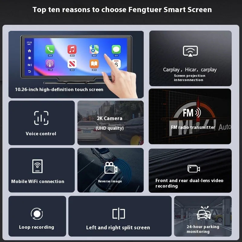 10 inch car smart screen with Carplay, driving recorder, and rear camera on dashboard