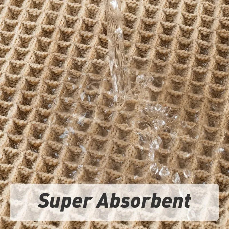 A checkered pattern non-slip polyester bathroom floor carpet shown in a beige colour.